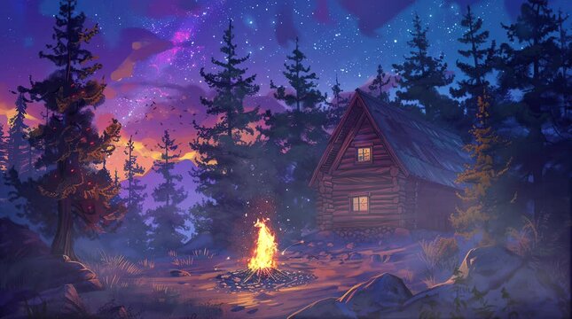 Cozy bonfire burning amidst towering trees in the heart of a tranquil forest
 Seamless looping 4k time-lapse virtual video animation background. Generated AI