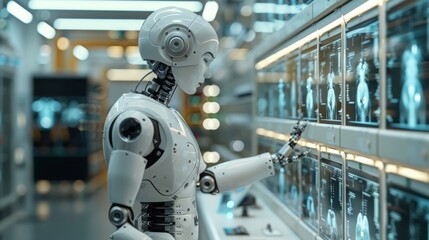 Fototapeta premium A futuristic white robot with advanced AI algorithms analyzes medical data displayed on screens in a laboratory setting.