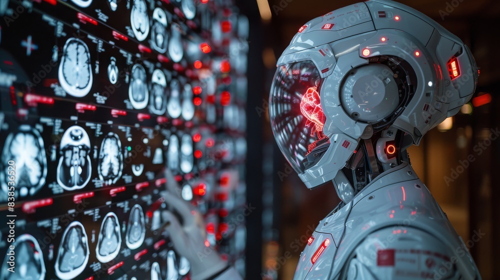 Poster a white robotic figure with a transparent helmet analyzes medical scans displayed on a large monitor