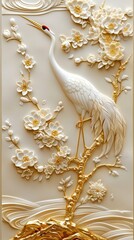 Abstract artistic background. Chinoiserie wallpaper, swans, oriental style, dioramas, flowers, golden brushstrokes. modern Art. Wallpapers, murals. AI generated illustration