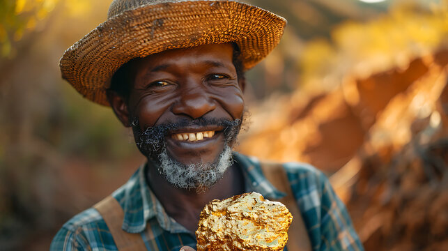 South African gold miner holding a large shiny gold nugget and celebrating his find, portrait, close-up