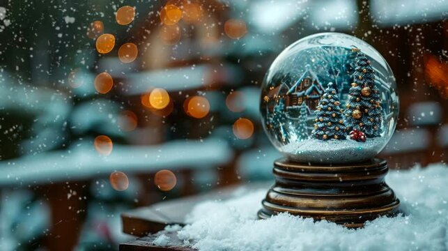 snow globe kept on white table, blurred in white snow with landscape home Christmas, christmas time, winter, snow falling. seamless looping time-lapse virtual 4k video animation