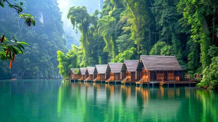 Naklejka premium Beautiful serene lakeside view with wooden cabins floating on calm water surrounded by dense forest. Perfect for travel magazines, nature blogs, relaxation themes, wallpaper designs AI