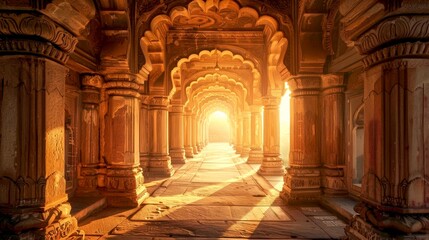 Ancient temple hallway illuminated by golden sunlight, creating a serene and magical atmosphere. This captivating scene evokes a sense of history and tranquility. Ideal for travel, history. AI