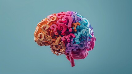 Illustration of the brain formed by colored question marks.