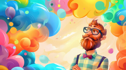 A bearded man in glasses and a plaid shirt looks up at a colorful sky filled with bubbles. He is standing in front of a background of bright, vibrant hues, making the image feel fun and imaginative
