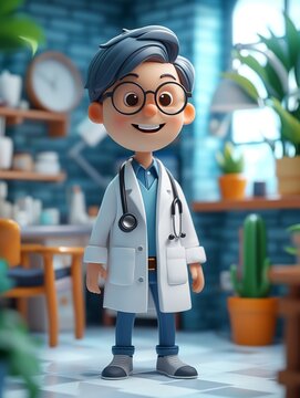 A cute cartoon doctor character is depicted in an office setting.
