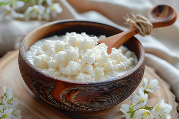 kefir grains in a wooden plate