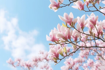 Spring Blooming Magnolia Tree Against Blue Sky