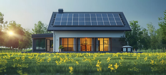 Eco friendly passive house with a photovoltaic system on the roof. 3D render of a modern house with solar energy panels. Renewable energy concept.