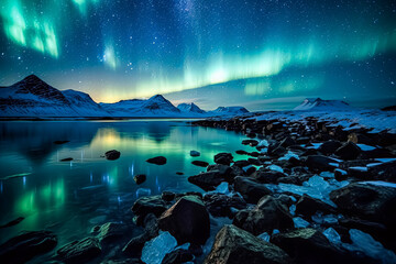 A man stands in front of a waterfall in a snowy landscape.
