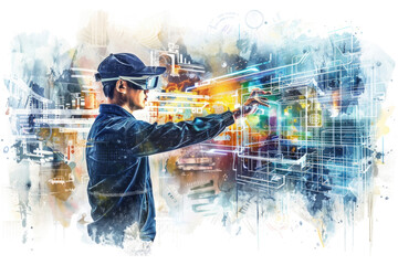A man wearing a VR headset and cap, standing in a digital landscape, interacts with a holographic interface in front of him. The image is a digital painting with vibrant colors