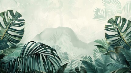 Tropical vintage botanical landscape illustration, palm tree, vegetable flower border background. Mural wallpaper. AI generated illustration