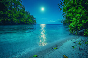 Moonlight reflecting off the calm surface of a peaceful cove, creating a shimmering path across the water towards a small, secluded beach surrounded by lush foliage