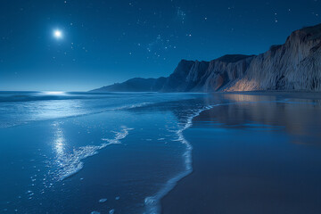 Naklejka premium Moonlight illuminating the jagged rocks and smooth sand of a cove, with gentle waves lapping at the shore and the distant call of nocturnal creatures echoing in the air