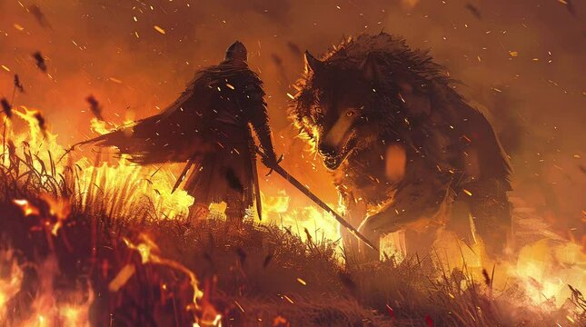 Knight bravely facing a huge wolf amidst fiery grassland, embodying courage and conflict.
 Seamless looping 4k time-lapse virtual video animation background. Generated AI