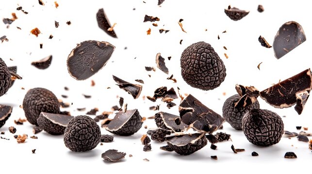 Dynamic close-up of truffles and chocolate chunks bursting in mid-air. The image captures a sense of motion and energy, showcasing the richness and texture of the ingredients. . AI