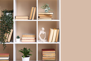 Modern shelving unit with books and home decor near beige wall, closeup