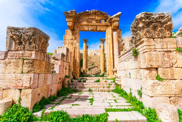 Jerash Archeological City, Jordan: The cathedral gate in the ancient roman city of Gerasa modern...
