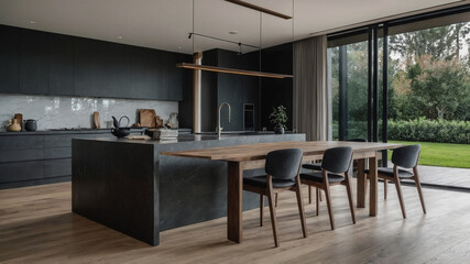 kitchen island and wooden floor, bright modern minimal style
