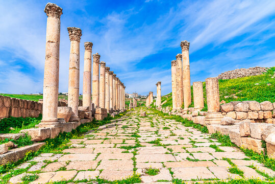 Jerash Archeological City, Jordan: Cardo Maximus in the ancient roman city of Gerasa modern Jerash, a roman decapolis city. Middle East travel destination