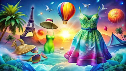 Vibrant summer travel collage with trendy dresses and accessories , summer, travel, collage, fashion, woman, dress, trendy, accessories, vibrant, colorful, vacation, holiday, wanderlust
