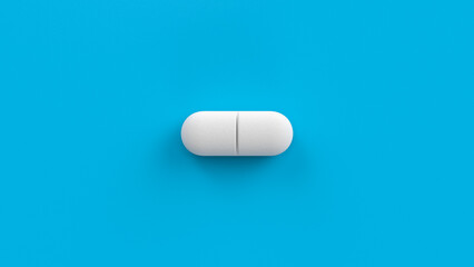 White single pill isolated on a blue background. Tablet, pill capsule top view, flat lay. 3d render illustration 