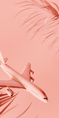 Commercial Airplane with palm leaf on monochromatic pink background. Summer travel concept design....