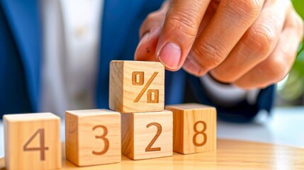 Close-up of hand stacking wooden blocks with numbers and percentage sign, representing financial growth and planning. Professional and modern style for business and finance concepts. AI