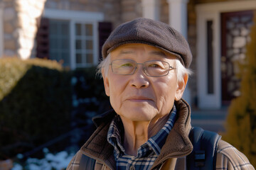 Fototapeta premium Elderly Asian Man Outdoors in Suburban Neighborhood