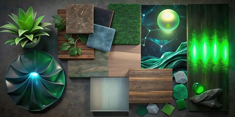 Interior design mood board with samples of concrete tile, wooden laminated, artificial stones, green fabric, and wooden vinyl flooring, interior design, mood board, concrete tile
