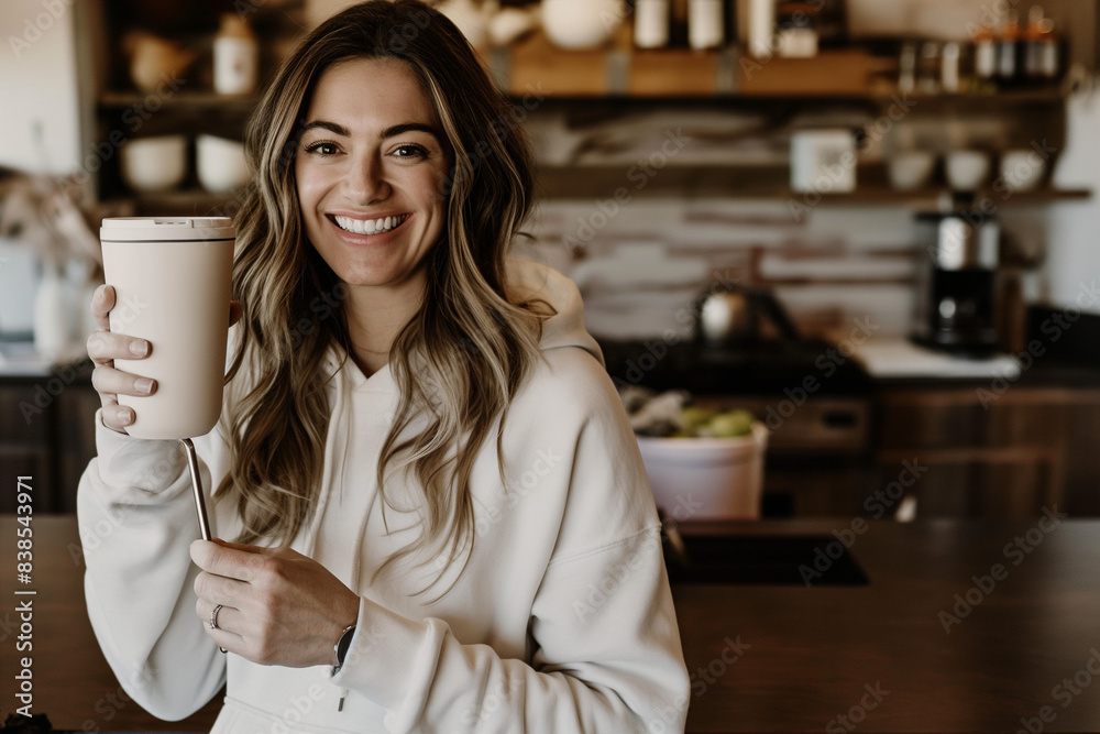 Canvas Prints Smiling lady, young woman wearing a white sweatshirt holding a white tumbler mockup, copy space, Generative AI.