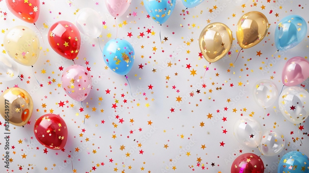 Poster a holiday card with colorful balloons on a white background with golden small stars with a free plac
