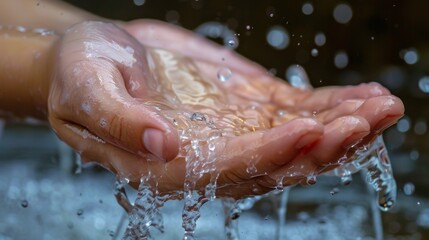 Fototapeta premium A person is washing their hands with water from a sink, AI