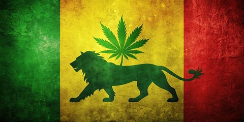 A powerful lion silhouette overlaying the African flag, representing reggae music and marijuana legalization in Africa, lion, African flag, reggae, marijuana, cannabis, legalization