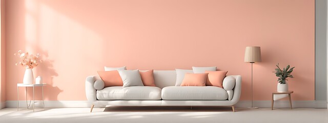 Peach fuzz interior with pastel wall, apricot shades, white sofa, tan pillows

