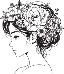 Black and white, linear artwork featuring a young woman with her hair pulled back and flowers in her hairdo