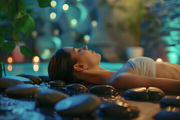 A tranquil spa area, a young girl receives a relaxing stone therapy massage with smooth, heated stones carefully placed along the back to relieve tension and improve well-being - Powered by Adobe