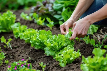Small Vegetable Garden. Woman Gardener Planting Lettuce in Backyard Vegetable Garden