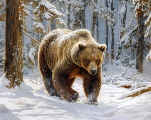 Obraz premium Snow Bear. Huge Grizzly Brown Bear Walking in the Taiga Wilderness