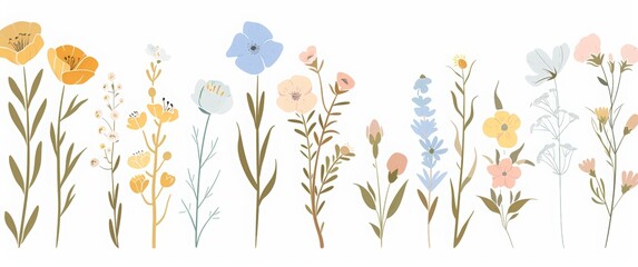 Set of wildflowers hand drawn vector illustration isolated on a white background, in pastel colors