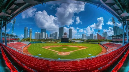 Wide angle photo of the fisheye lens view from inside a roofless baseball stadium 