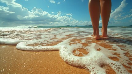 A person standing on the beach with their feet in water, AI