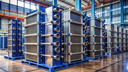 Blocks of powerful plate heat exchangers chilling hot liquids, plate heat exchangers, machinery, industrial, cooling system, equipment, technology, engineering, factory, manufacturing
