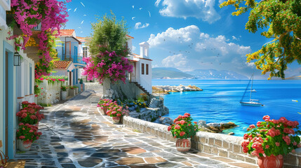 Fototapeta premium Beautiful walkway in small city by the sea, scenic view of old houses and flowers in Greek town in summer. Theme of travel, vacation, beach, resort, sky.