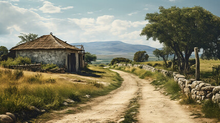 Fototapeta premium Dirt Path with Traditional Stone House and Lush Green Fields