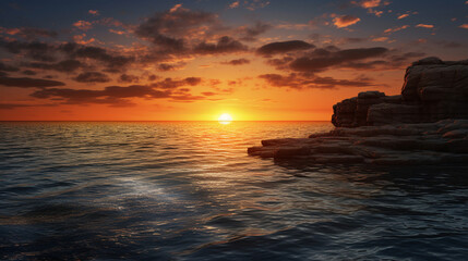 Stunning Ocean Sunset with Rocky Shoreline

