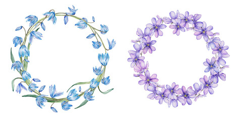 Watercolor spring floral illustration. Set of flower wreath with blue snowdrops or scillas and coppice isolated on white background. Handmade flowers for wedding anniversary invitations.