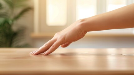 A person's hand reaching for a piece of wood on the table, AI