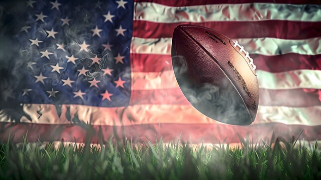 American football floats before a patriotic backdrop. Vivid flag colors and mist add drama. Perfect for sports promotions and patriotic displays. AI.